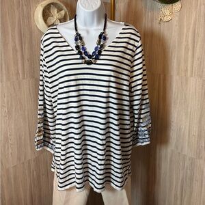 J. Jill Classic Navy and White Striped Top With Floral Embroider